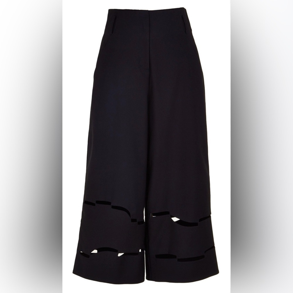 Tibi Black Wide Leg Cropped Culotte Pants High Rise Cut Out Hem Wool Blend Size